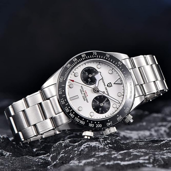 Pagani Design PD-1718 Panda Dial Men's Chronograph Watches Japan VK64 Movement Stainless Steel 100M Waterproof Men Fashion Casual Watch - White Dial