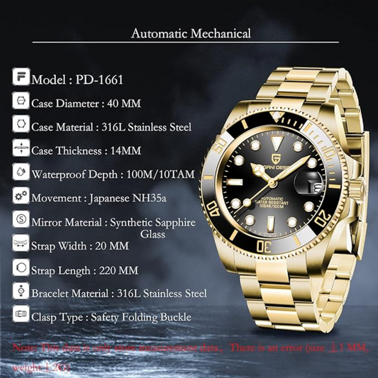 Pagani Design PD-1661 Waterproof Mechanical Automatic Watch Stainless Steel Men's 40MM Watch "Black - Golden Bracelet"