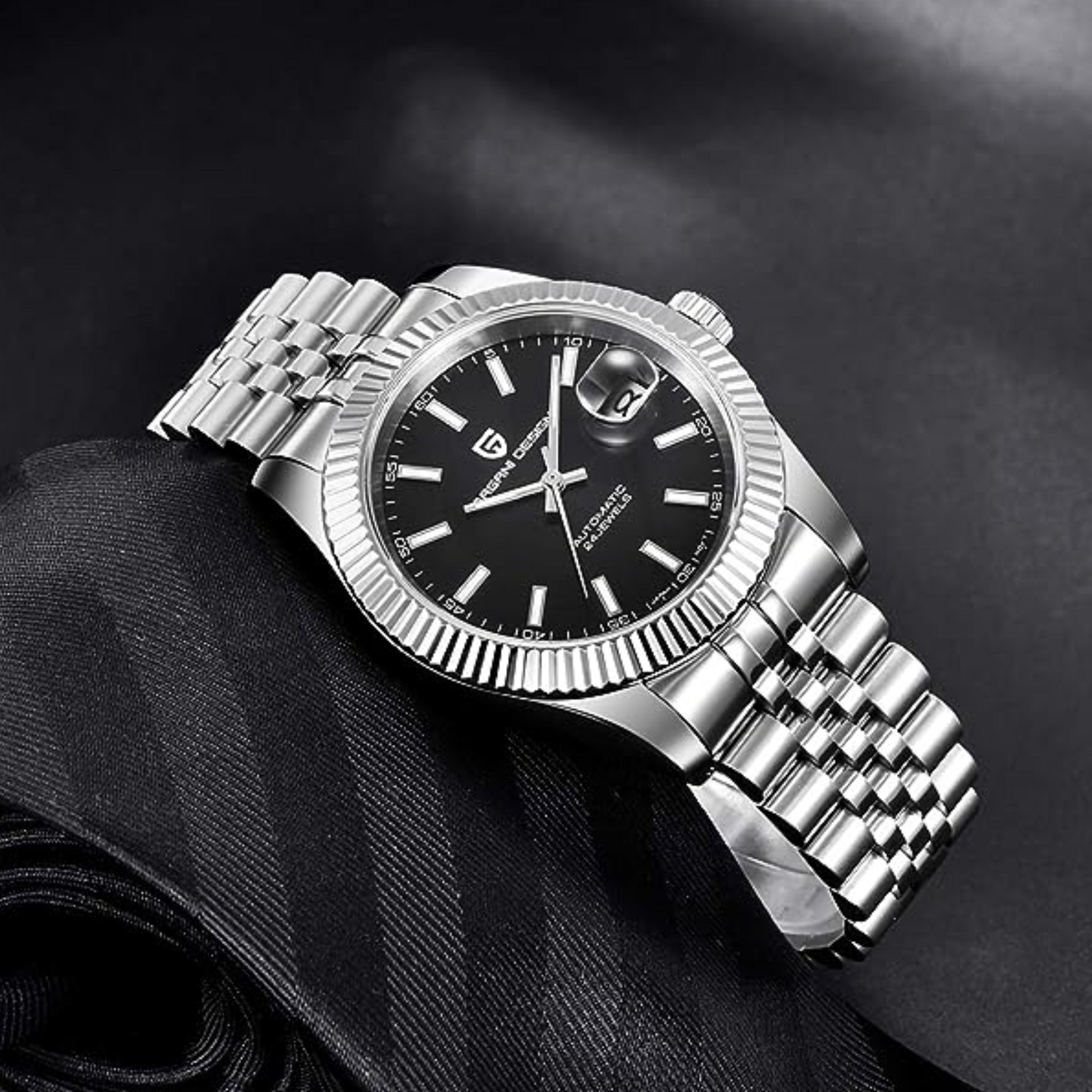 Pagani Design PD-1645 DateJust (Seiko NH-35A Automatic Movement) Mechanical Watch 200M Waterproof Watch Stainless Steel Watch Fluted Bezel (Black Dial - Jubilee Bracelet)