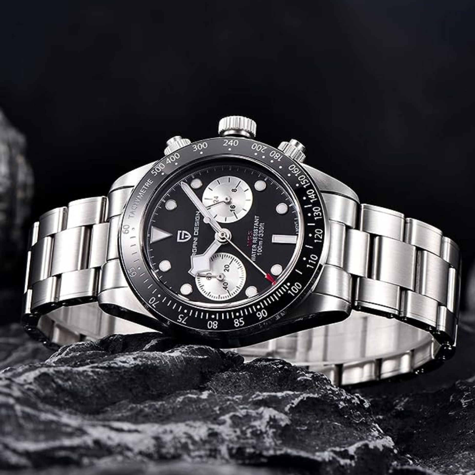 Pagani Design PD-1718 Panda Dial Men's Chronograph Watches Japan VK64 Movement Stainless Steel 100M Waterproof Men Fashion Casual Watch - Black Dial