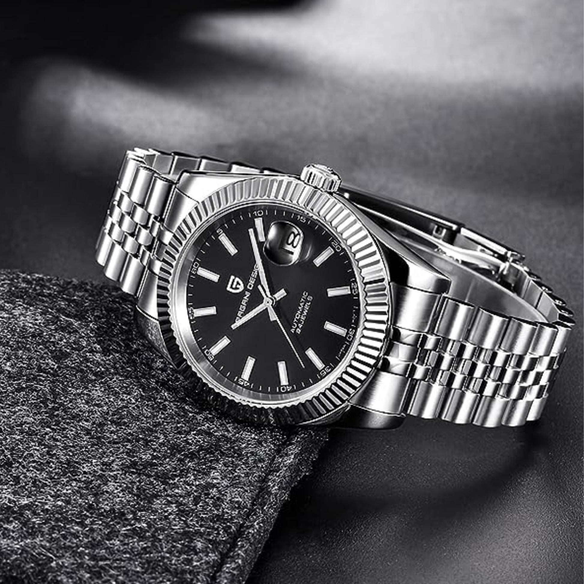 Pagani Design PD-1645 DateJust (Seiko NH-35A Automatic Movement) Mechanical Watch 200M Waterproof Watch Stainless Steel Watch Fluted Bezel (Black Dial - Jubilee Bracelet)