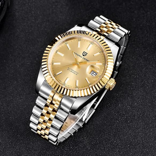 Pagani Design PD-1645 DateJust (Seiko NH-35A Automatic Movement) Mechanical Watch 200M Waterproof Watch Stainless Steel Watch Fluted Bezel (Golden Dial - Jubilee Bracelet)