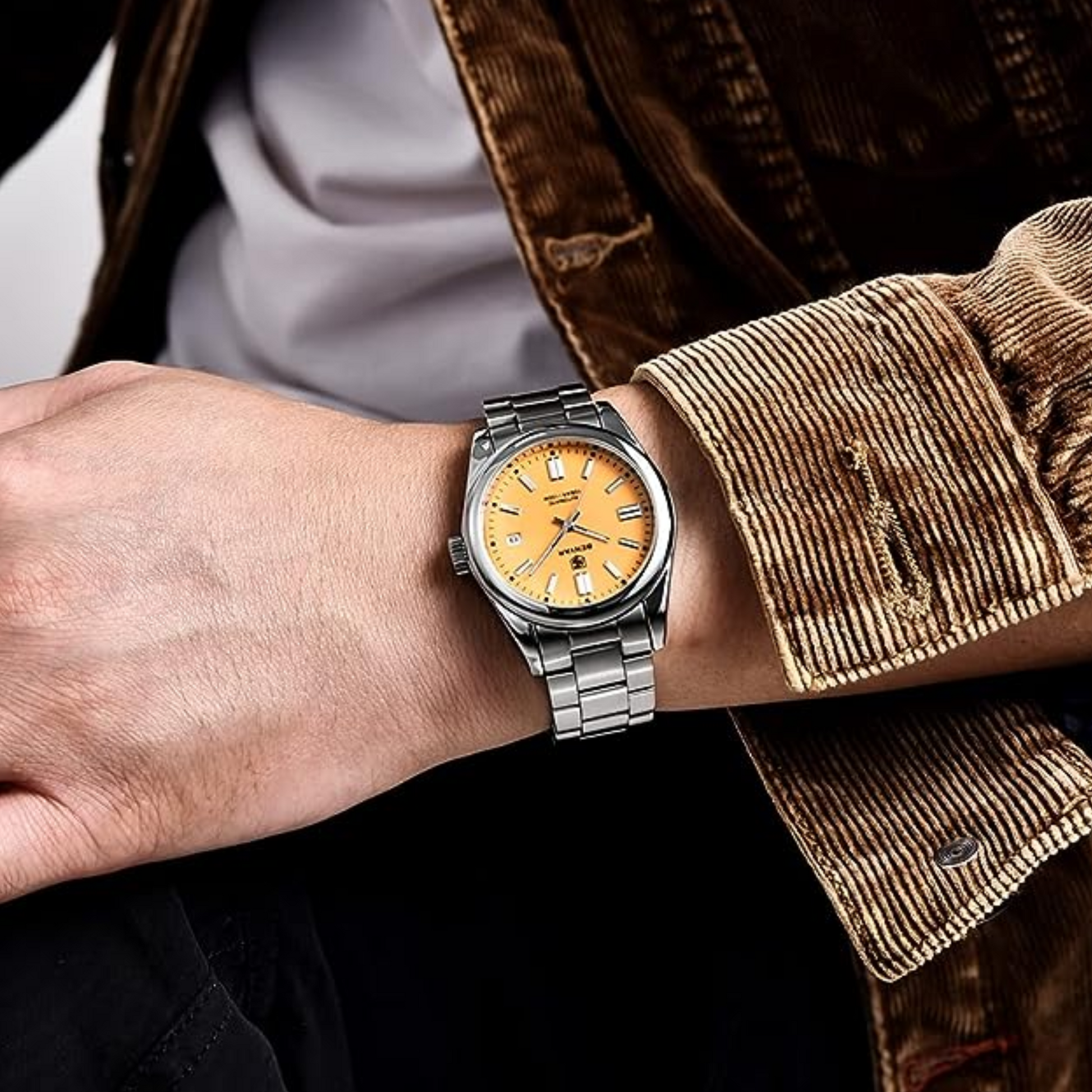 BENYAR Classic Men's Watch Stainless Steel Strap Waterproof Luminous Simple Business Sports Wristwatch - Yellow Dial