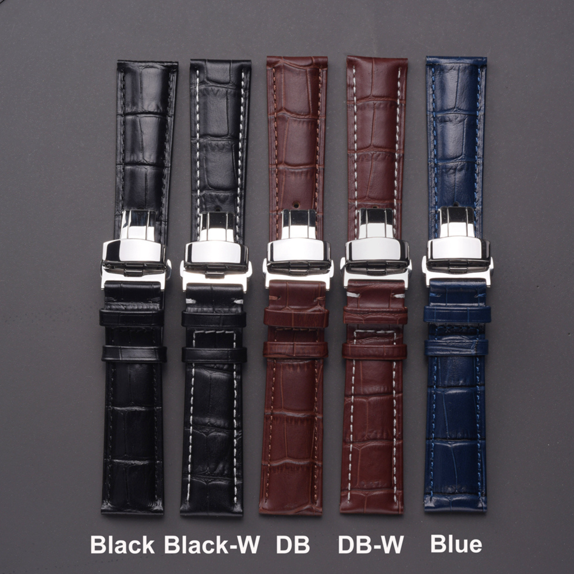 Quality Leather Watchbands Watch Band/Strap with butterfly buckle - Brown with White stiching (20 mm)