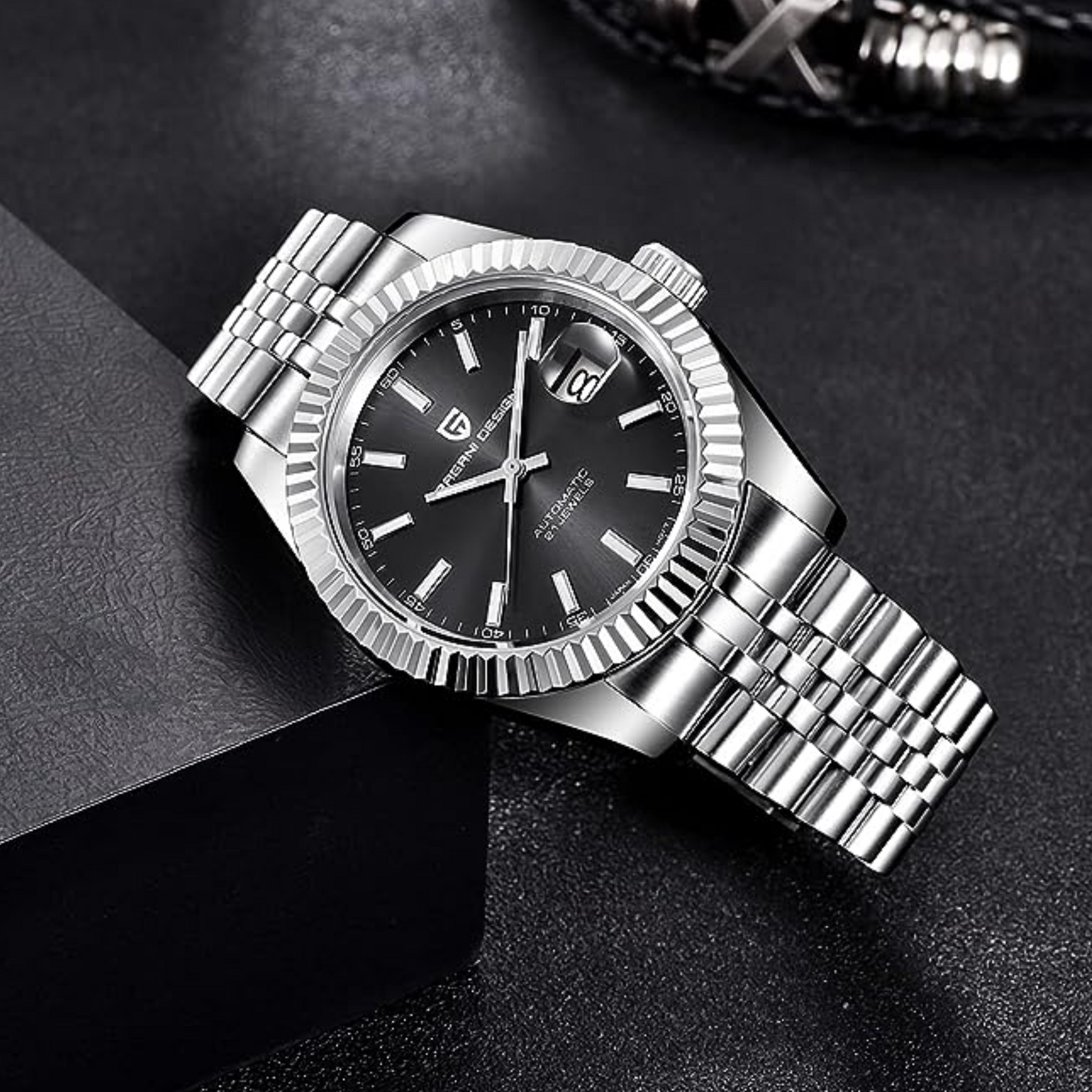 Pagani Design PD-1645 DateJust (Seiko NH-35A Automatic Movement) Mechanical Watch 200M Waterproof Watch Stainless Steel Watch Fluted Bezel (Black Dial - Jubilee Bracelet)