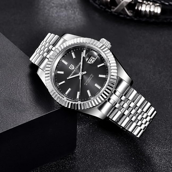 Pagani Design PD-1645 DateJust (Seiko NH-35A Automatic Movement) Mechanical Watch 200M Waterproof Watch Stainless Steel Watch Fluted Bezel (Black Dial - Jubilee Bracelet)