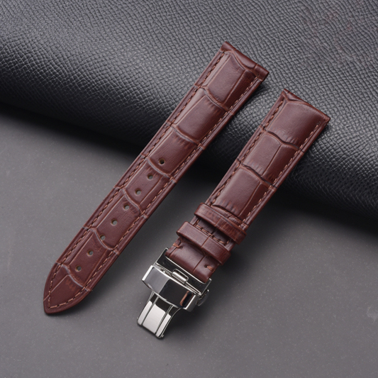 Quality Leather Watchbands Watch Band/Strap with butterfly buckle - Brown with White stiching (20 mm)