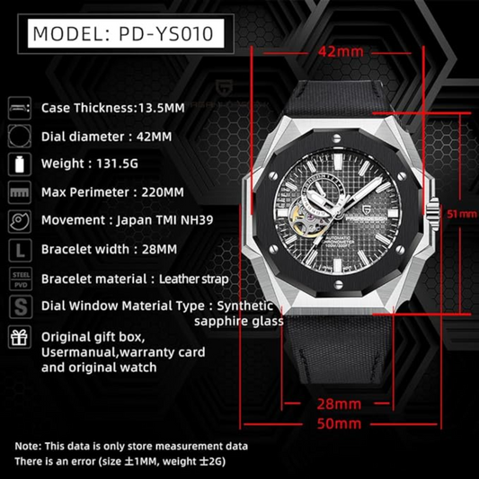 Pagani Design YS010 Men's Automatic Watch with NH39  Movement Leather Strap Waterproof Stylish and Unique Case Skeleton Face - Black