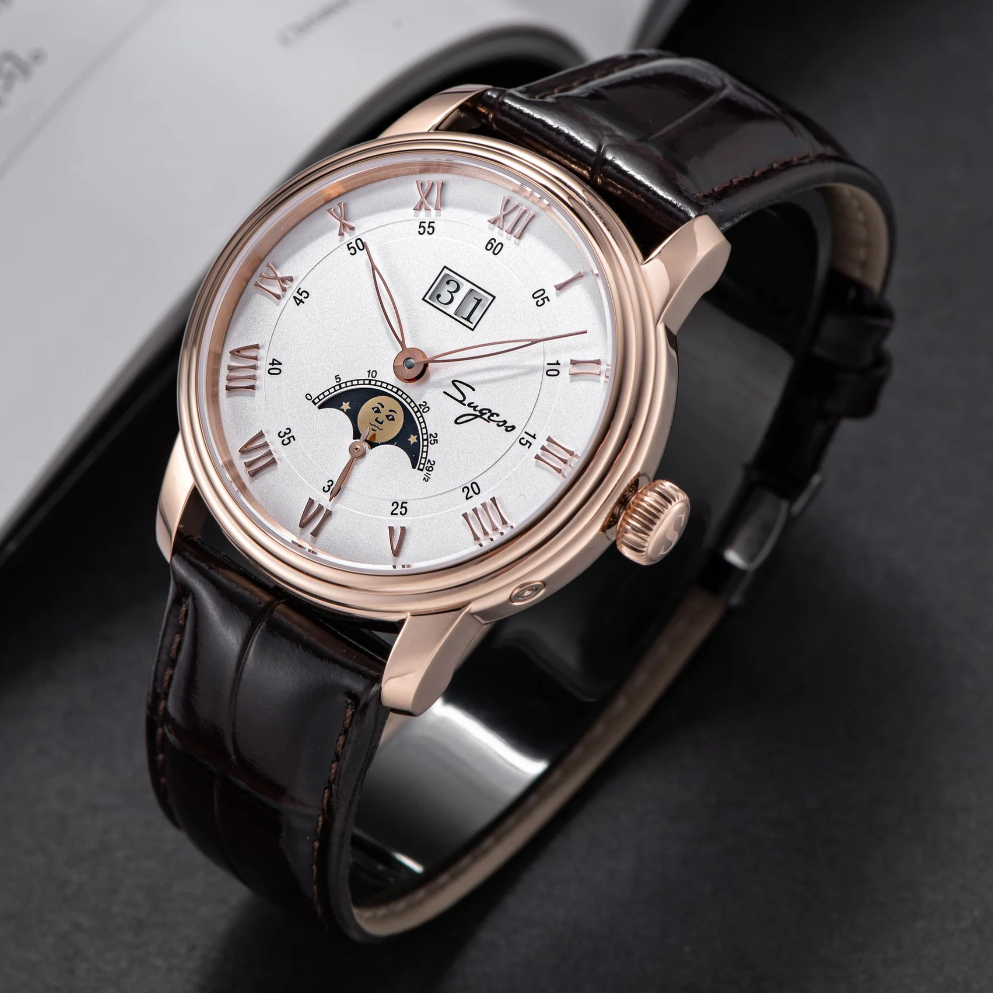 Sugess MoonPhase Master 437 Moon Phase Automatic Rose Gold White Dia