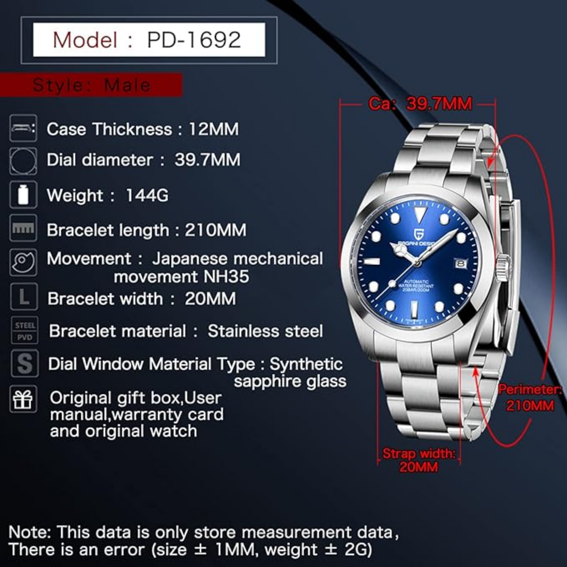 Pagani Design PD-1692 39.7 MM (Japan NH35 Automatic Movement) Mechanical Watch Stainless Steel Watch - New Explorer - Blue Dial