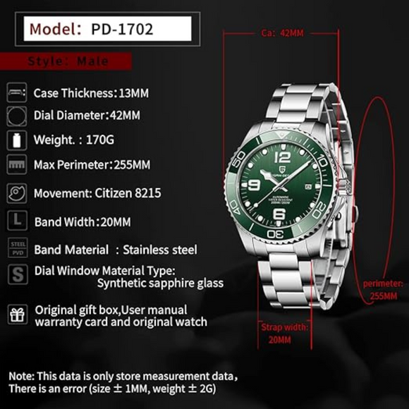 Pagani Design Men's Analogue Japanese Automatic Self-Wind Mechanical Watch with Stainless Steel Bracelet PD1702 - Green Dial