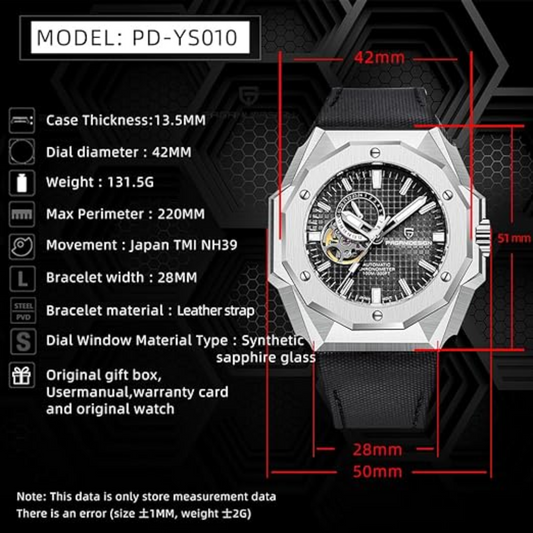 Pagani Design YS010 Men's Automatic Watch with NH39  Movement Leather Strap Waterproof Stylish and Unique Case Skeleton Face - Black