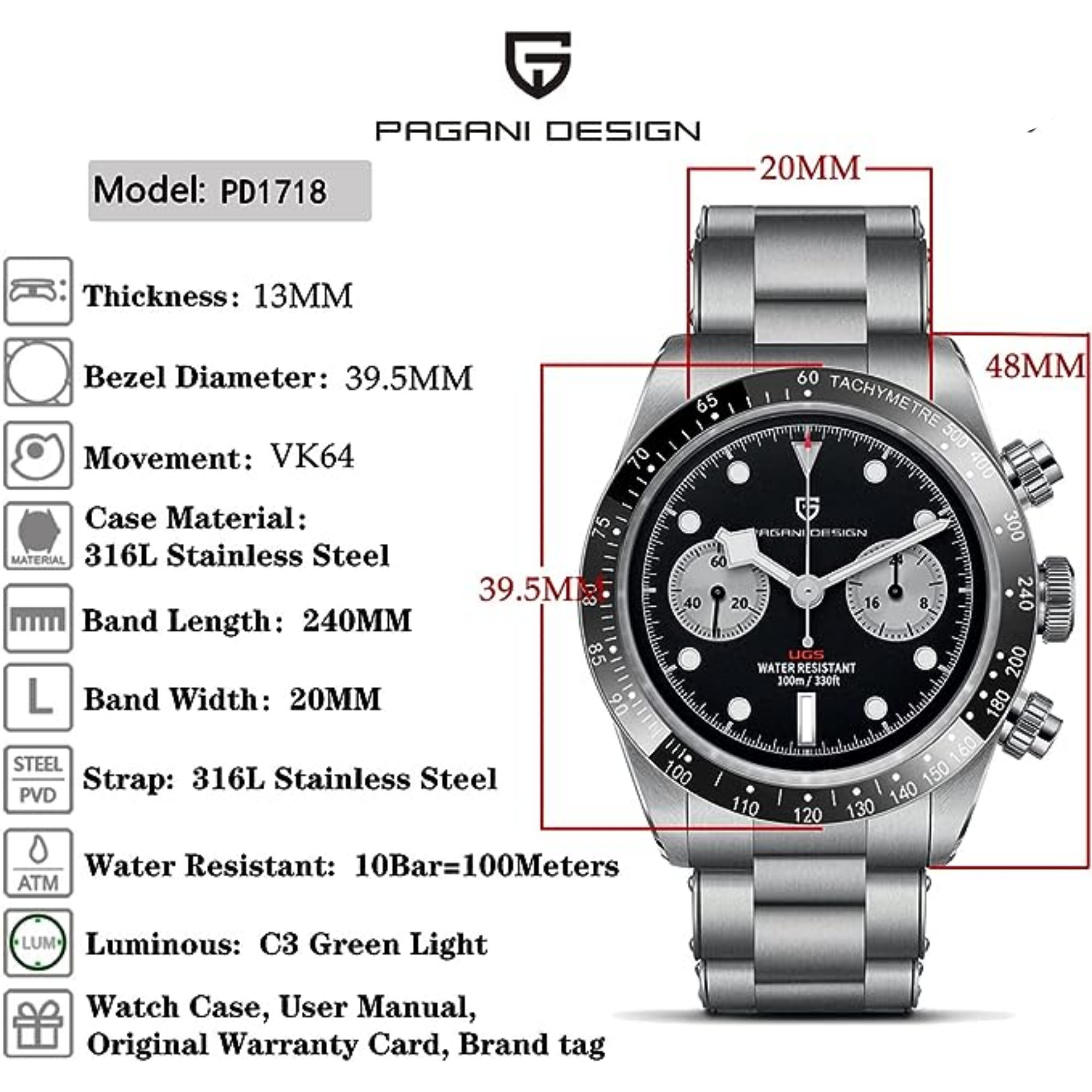 Pagani Design PD-1718 Panda Dial Men's Chronograph Watches Japan VK64 Movement Stainless Steel 100M Waterproof Men Fashion Casual Watch - Black Dial