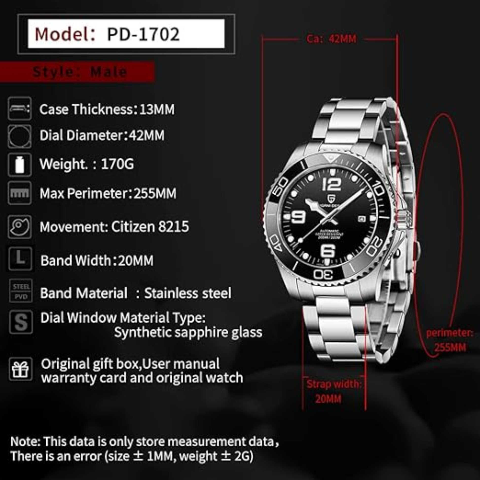Pagani Design PD- 1702 Men's Analogue Japanese Automatic Watch with Stainless Steel Bracelet  - Black Dial