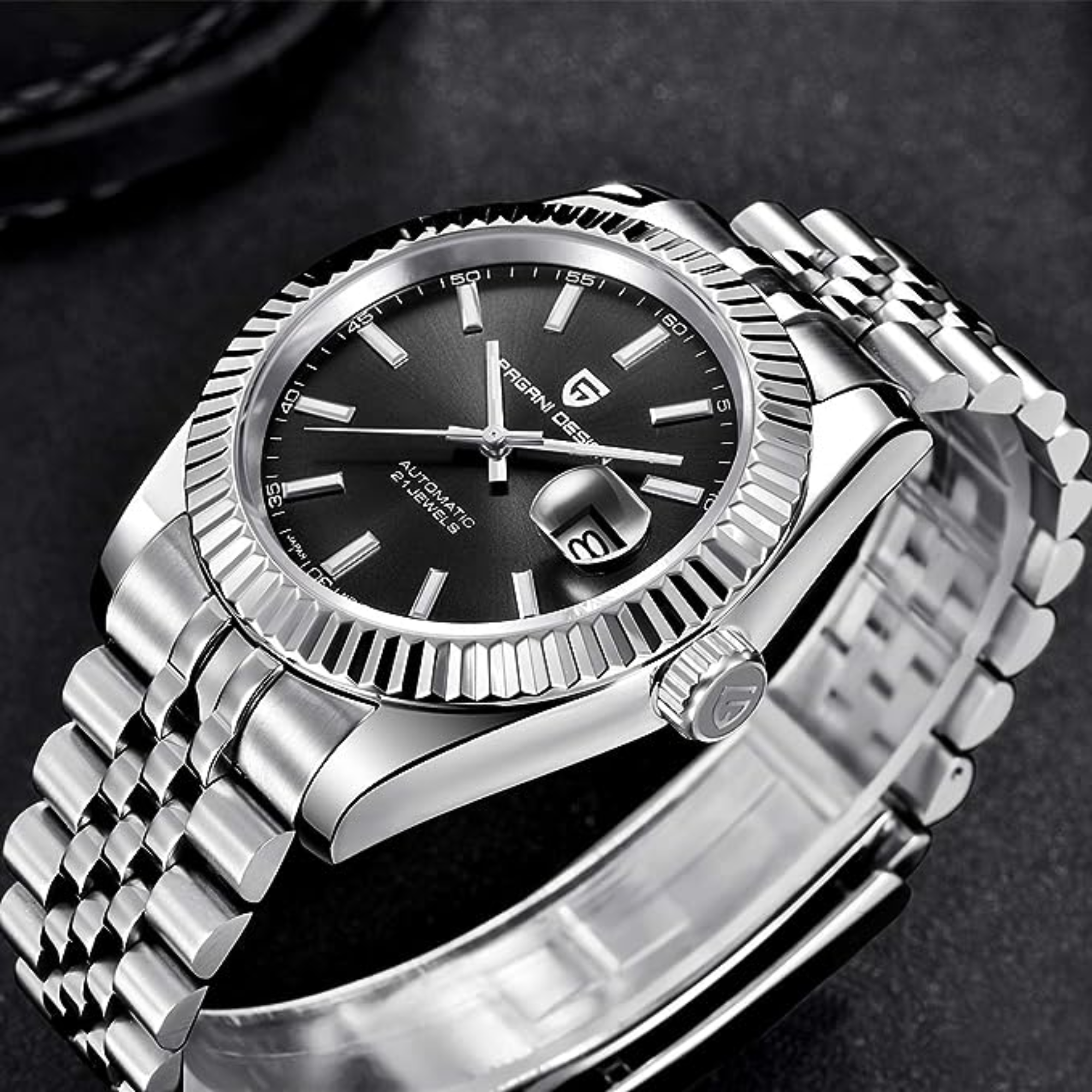Pagani Design PD-1645 DateJust (Seiko NH-35A Automatic Movement) Mechanical Watch 200M Waterproof Watch Stainless Steel Watch Fluted Bezel (Black Dial - Jubilee Bracelet)