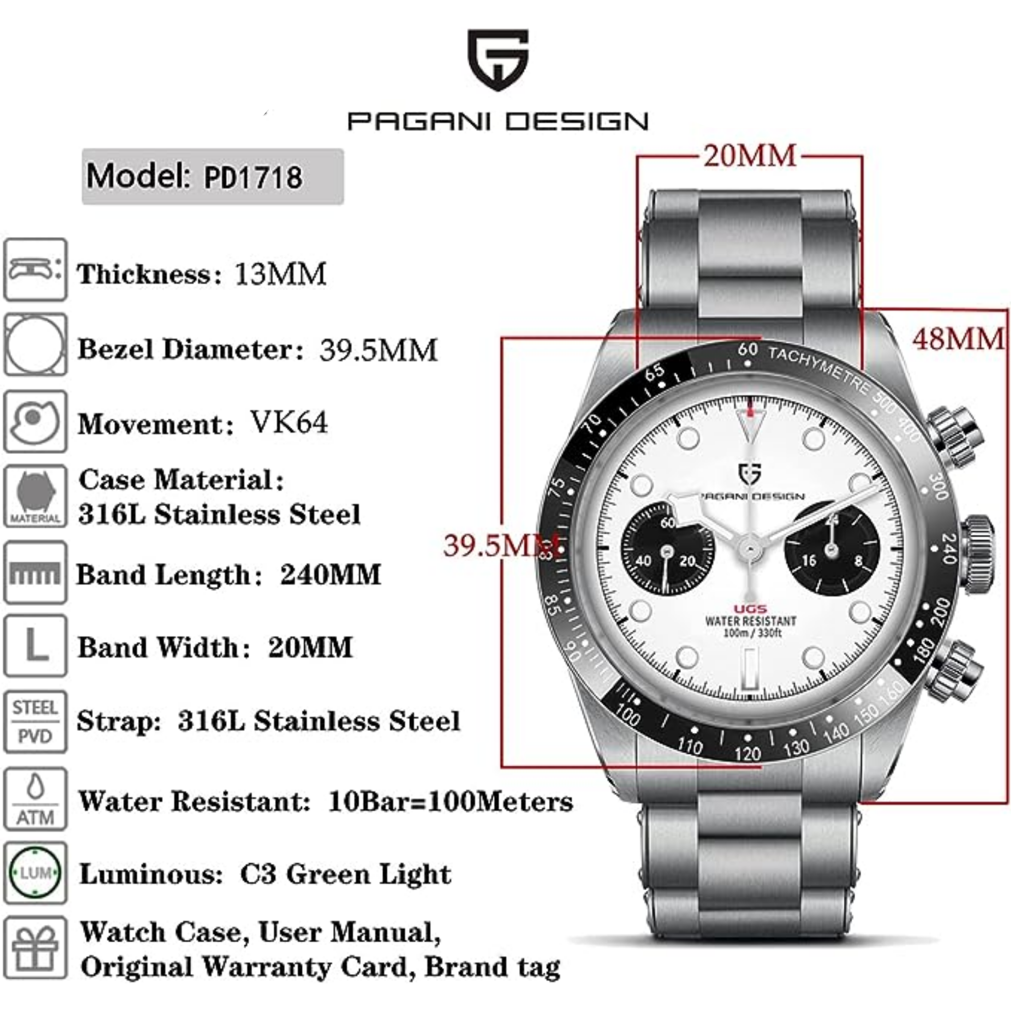 Pagani Design PD-1718 Panda Dial Men's Chronograph Watches Japan VK64 Movement Stainless Steel 100M Waterproof Men Fashion Casual Watch - White Dial