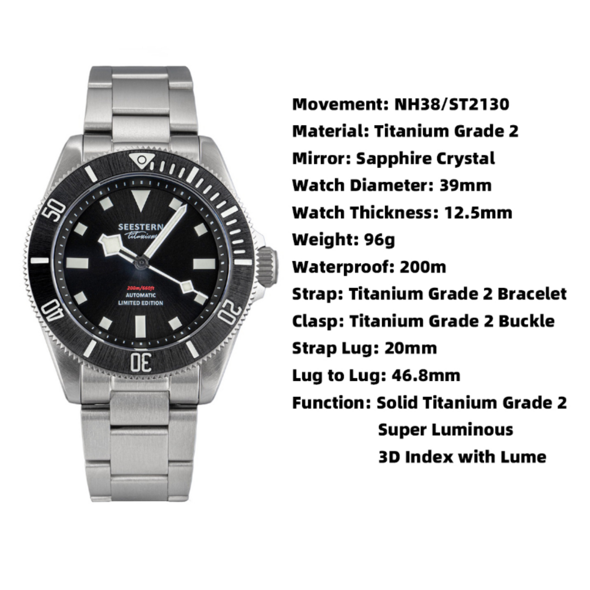 SEESTERN S430 Titanium Diver Watch for Men Automatic Mechanical Wristwatch NH38 Movement Sapphire Glass 20ATM Waterproof Luminous New - Black