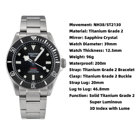 SEESTERN S430 Titanium Diver Watch for Men Automatic Mechanical Wristwatch NH38 Movement Sapphire Glass 20ATM Waterproof Luminous New - Black