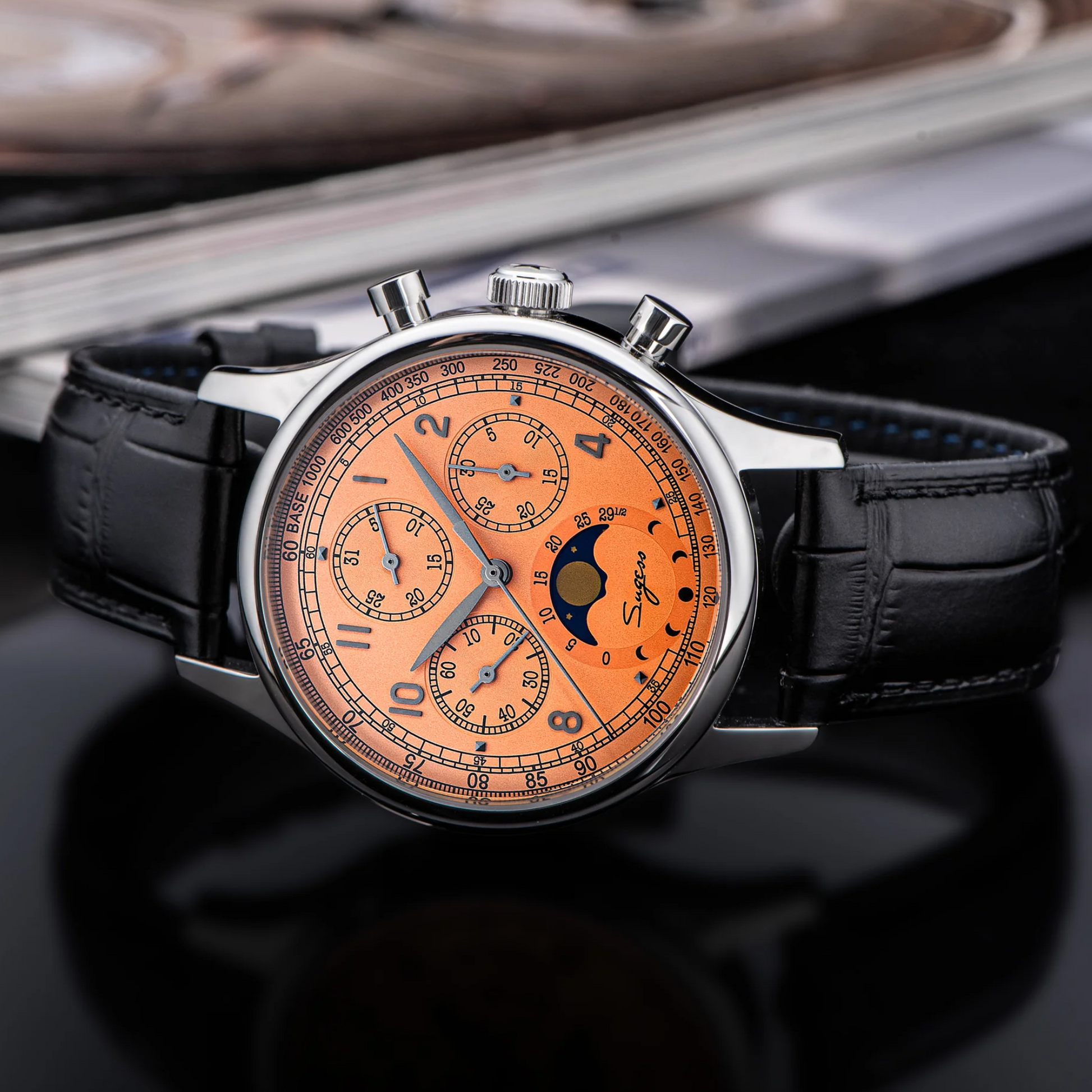 Sugess MoonPhase Master 389-2 Salmon Dial Swan Neck Regulator