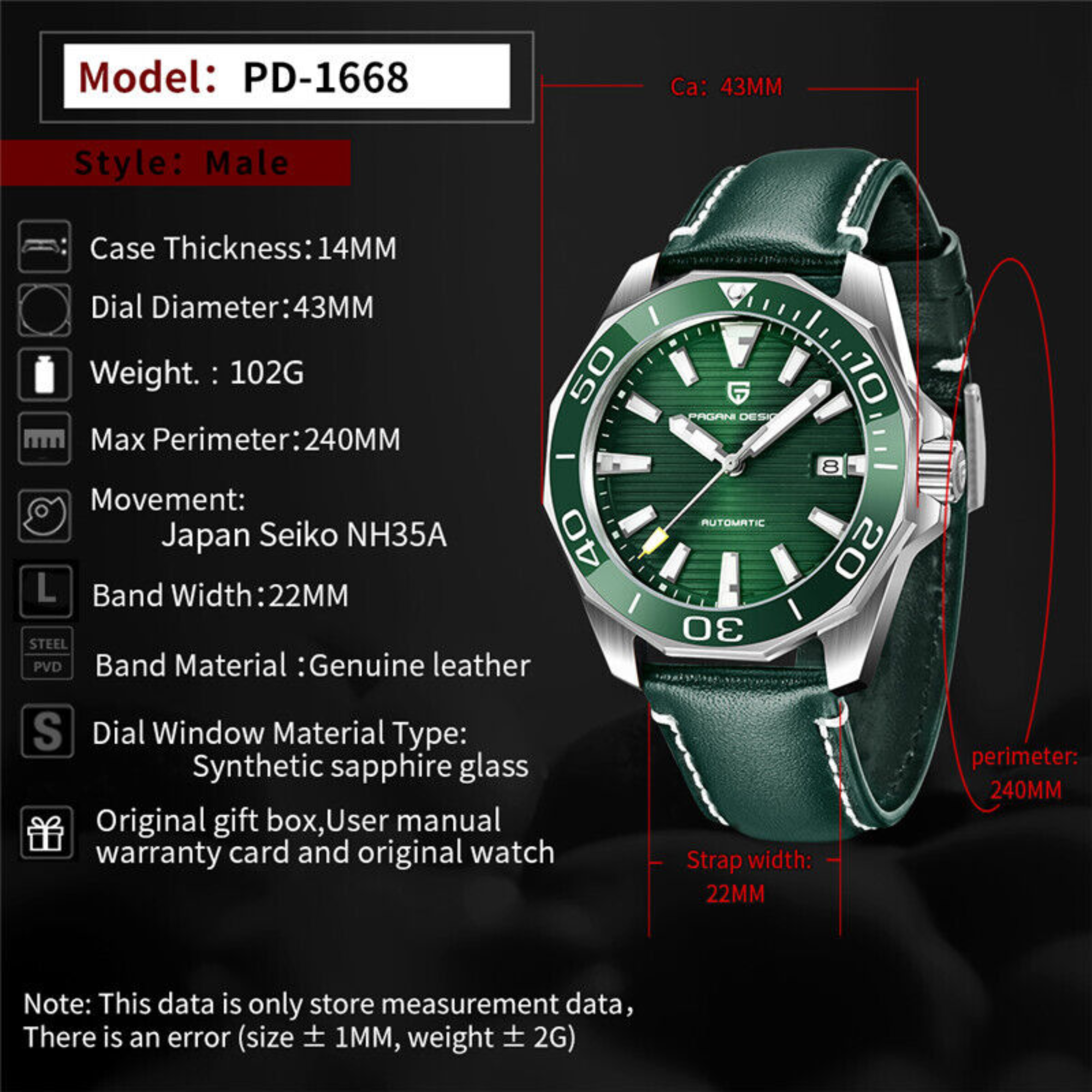 Pagani Design PD-1668 Automatic Mechanical Watch Seiko NH35 Movement- Green Dial