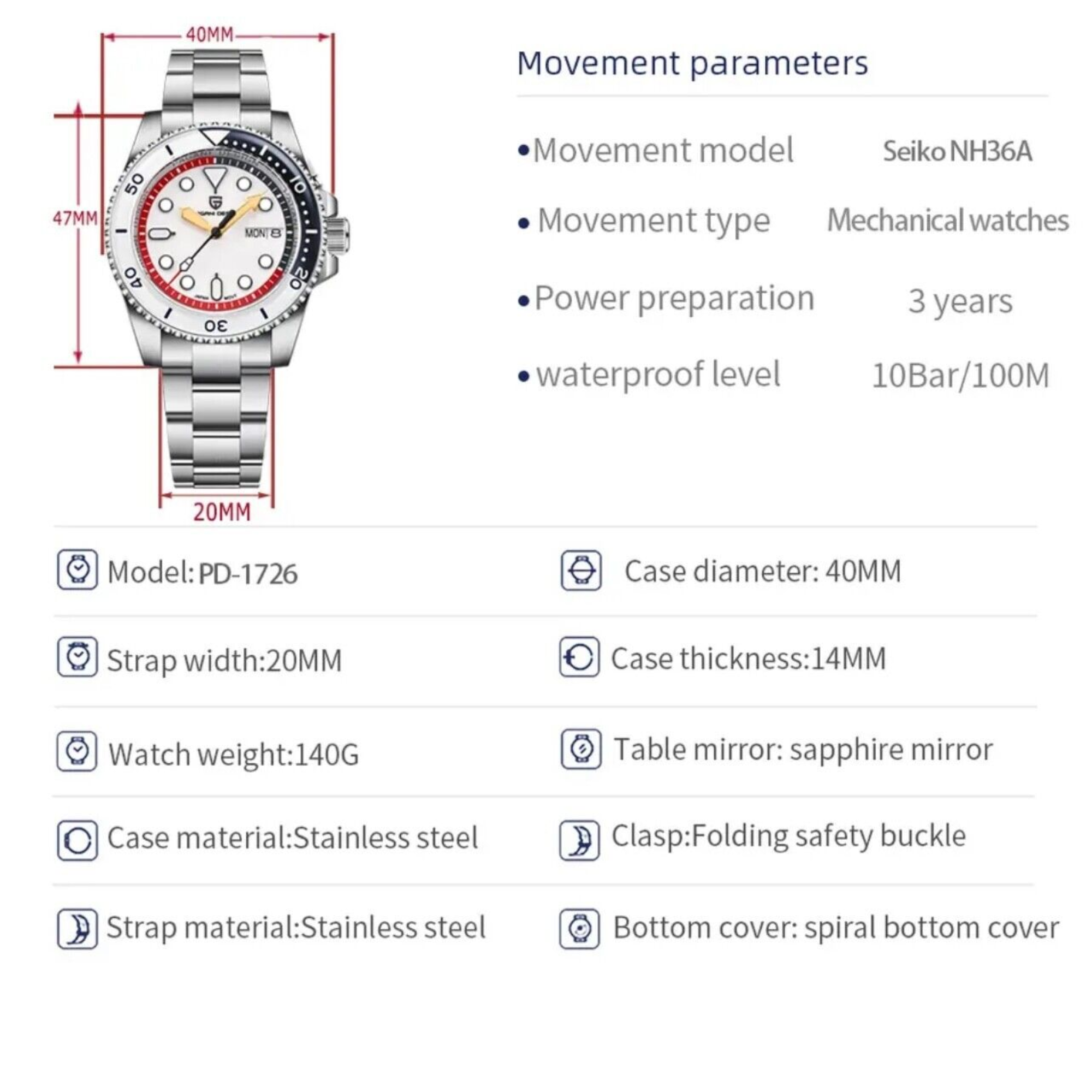 Pagani Design PD- 1726 Men's Automatic Watches Japan NH35 Movement Stainless Steel Band 200M Waterproof Sport Watch