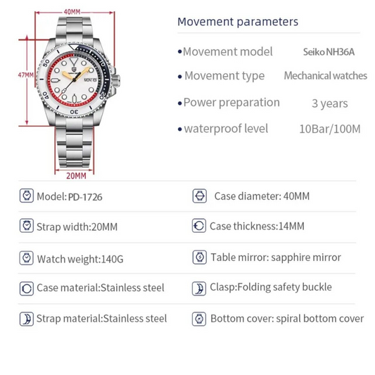 Pagani Design PD- 1726 Men's Automatic Watches Japan NH35 Movement Stainless Steel Band 200M Waterproof Sport Watch