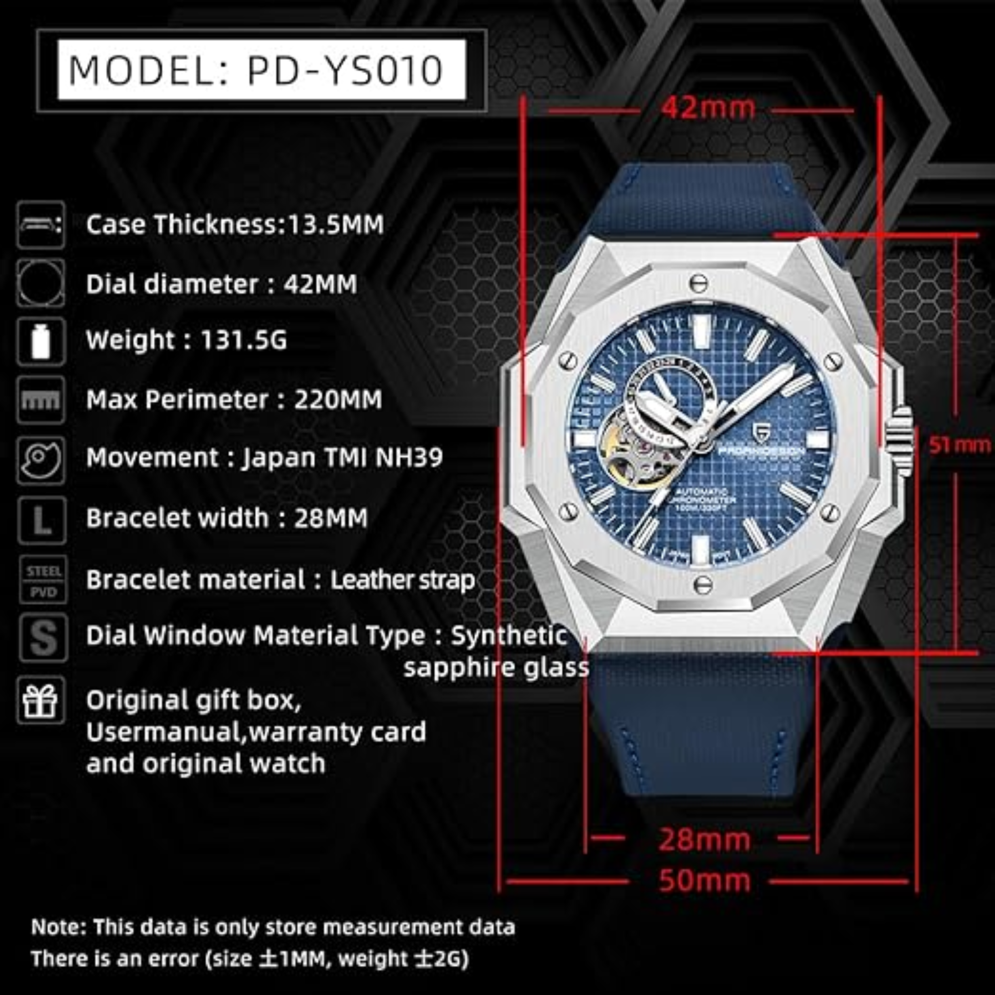 Pagani Design YS010 Men's Automatic Watch with NH39  Movement Leather Strap Waterproof Stylish and Unique Case Skeleton Face - Blue