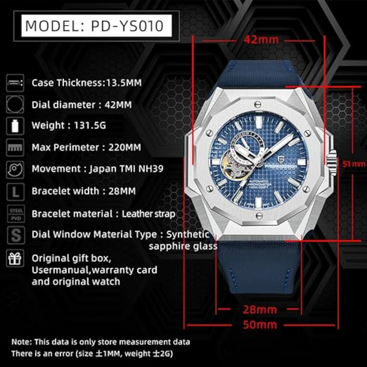 Pagani Design YS010 Men's Automatic Watch with NH39  Movement Leather Strap Waterproof Stylish and Unique Case Skeleton Face - Blue