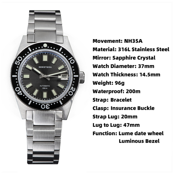 SEESTERN 62MASSX V3 Diving Watch Men Automatic Mechanical Wristwatch Luminous Bezel Waterproof NH35 Movement Sapphire Glass Bracelet