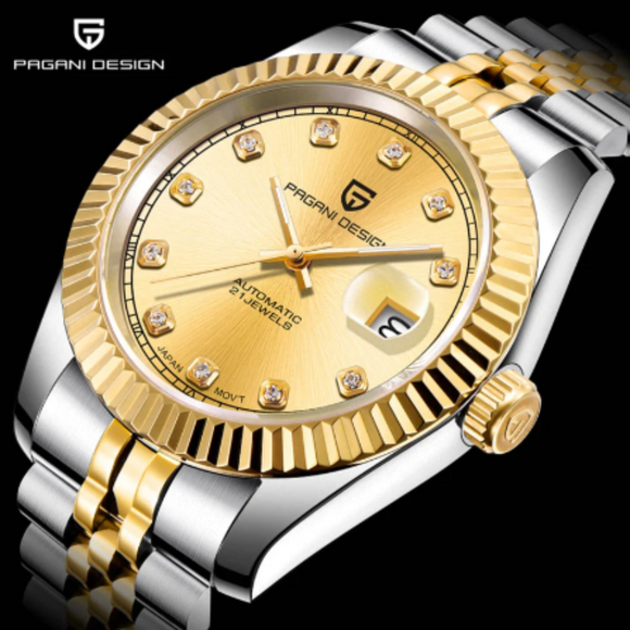 Pagani Design PD-1645 DateJust (Seiko NH-35A Automatic Movement) Mechanical Watch 200M Waterproof Watch Stainless Steel Watch Fluted Bezel (Golden Dial - Jubilee Bracelet)