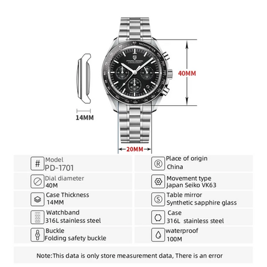 Pagani Design PD-1701 40mm Mens Waterproof Watch with Seiko VK-63 Movement (Speedmaster) "The Moon Watch" - Black Band