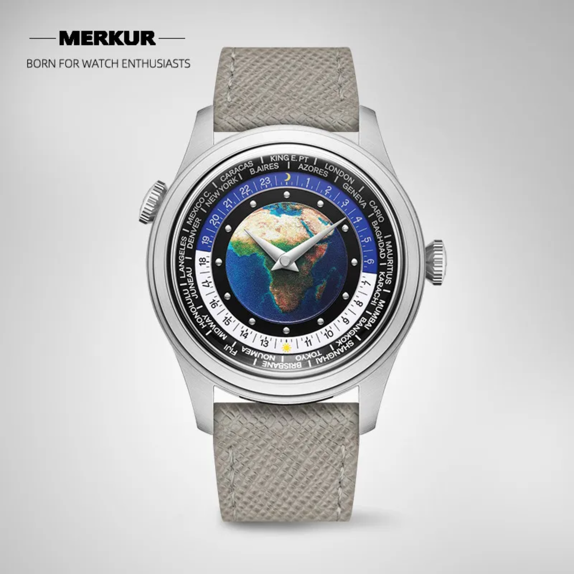 NEW MERKUR Dual Crown World casual manual mechanical watch steel watch Vintage Date Window