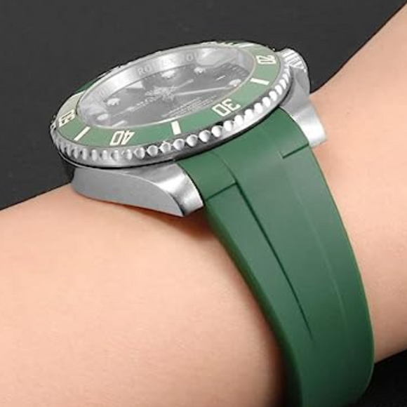 High End Curved FKM Rubber Watch Band - Oyster Style Deployment Clasp: 20 mm -Green