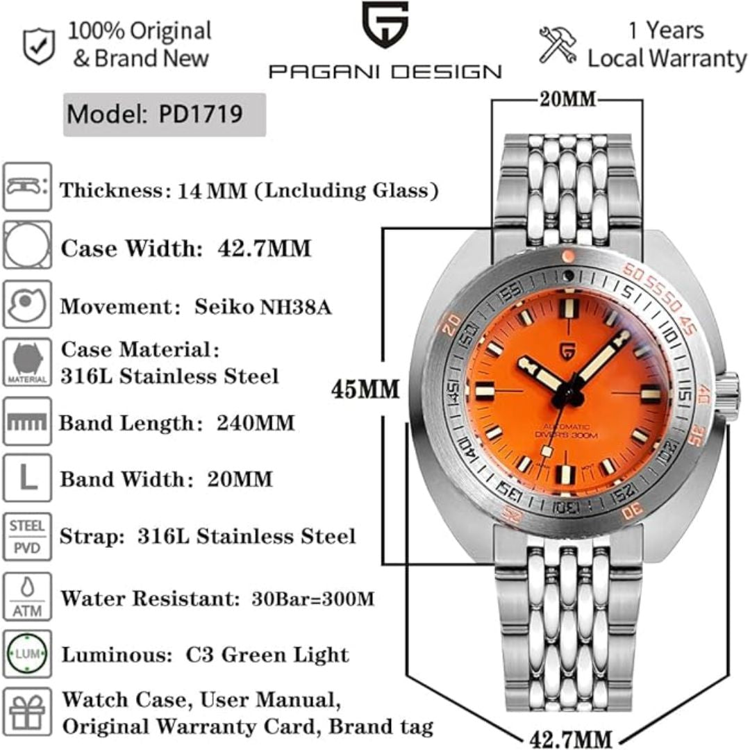 Pagani Design 1719 Men's 42 mm Automatic Wristwatch with Stainless Steel Bracelet Sapphire Crystal
