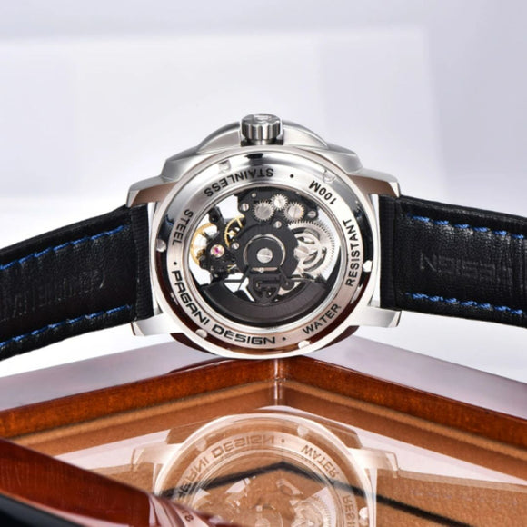 PAGANI DESIGN PD-YS017 Automatic Men's Stainless Steel Skeleton Wrist Watch with PU Leather