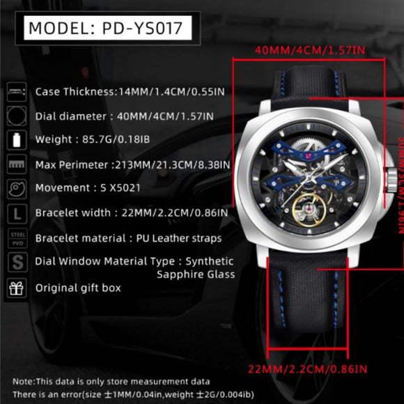 PAGANI DESIGN PD-YS017 Automatic Men's Stainless Steel Skeleton Wrist Watch with PU Leather