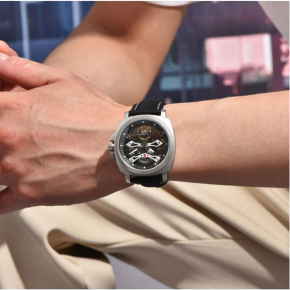 PAGANI DESIGN PD-YS017 Automatic Men's Stainless Steel Skeleton Wrist Watch with PU Leather