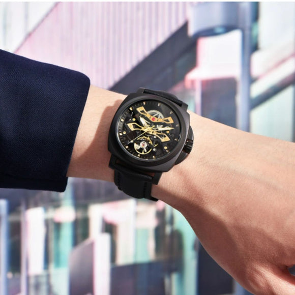 PAGANI DESIGN PD-YS017 Automatic Men's Stainless Steel Skeleton Wrist Watch with PU Leather