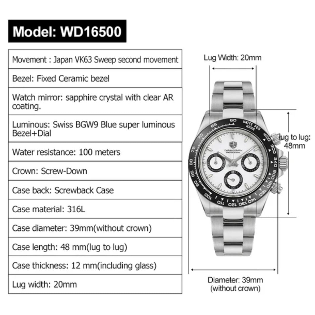 Watchdives WD16500 39mm VK63 Chronograph Watch