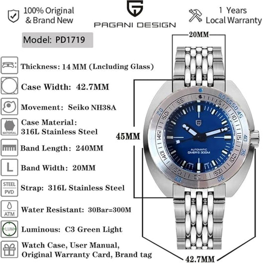 Pagani Design 1719 Men's 42 mm Automatic Wristwatch with Stainless Steel Bracelet Sapphire Crystal
