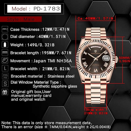 Pagani Design DD40 PD-1783 Men's Luxury Automatic Watch with AR Sapphire Glass and NH36A Movement - Rose Gold - Black