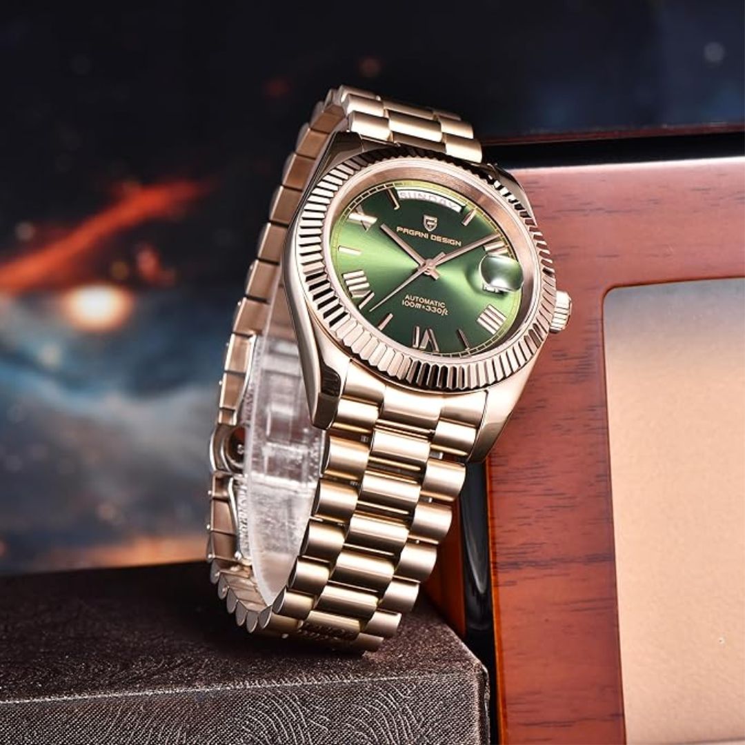 Pagani Design PD-1752 Presidential Day-Date Homage Automatic Movement (ST-16) | Stainless Steel Dial Men's 36 MM Watch | GREEN DIAL