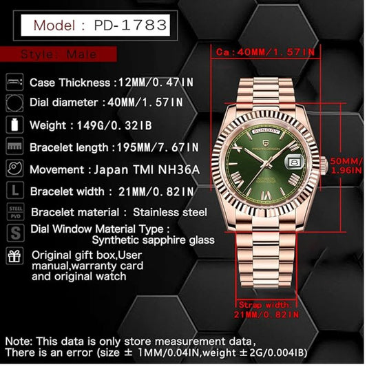 Pagani Design DD40 PD-1783 Men's Luxury Automatic Watch with AR Sapphire Glass and NH36A Movement- Rose Gold - Green