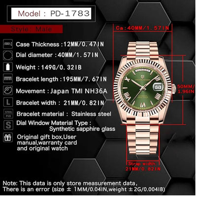 Pagani Design DD40 PD-1783 Men's Luxury Automatic Watch with AR Sapphire Glass and NH36A Movement- Rose Gold - Green