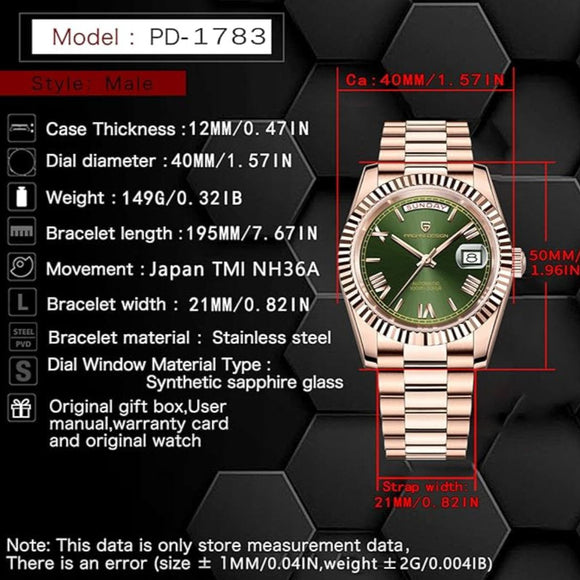 Pagani Design DD40 PD-1783 Men's Luxury Automatic Watch with AR Sapphire Glass and NH36A Movement- Rose Gold - Green