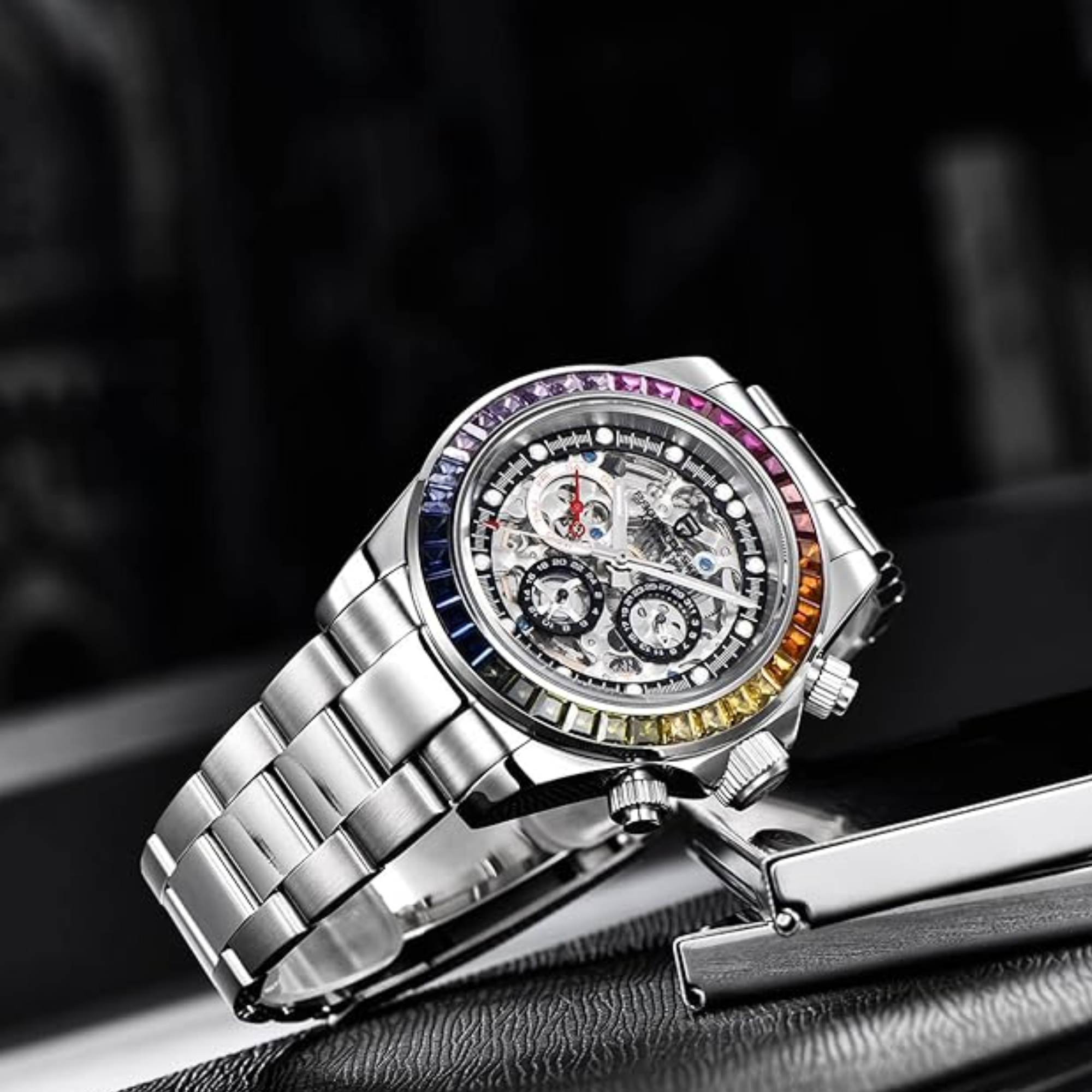 Pagani Design Men's Watch Rainbow Bezel Automatic Mechanical Waterproof Stainless Steel Watch Skeleton Watches for Men (Silver PD-1653)