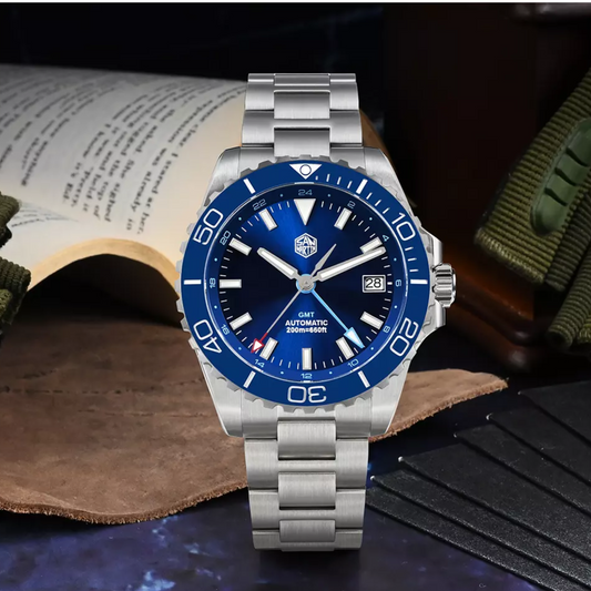 San Martin New San Martin New 39mm Diver GMT Watch Enamel Dial NH34 Stainless Steel Luxury Men Watch Automatic Mechanical Sapphire Luminous SN0136-G-GMT