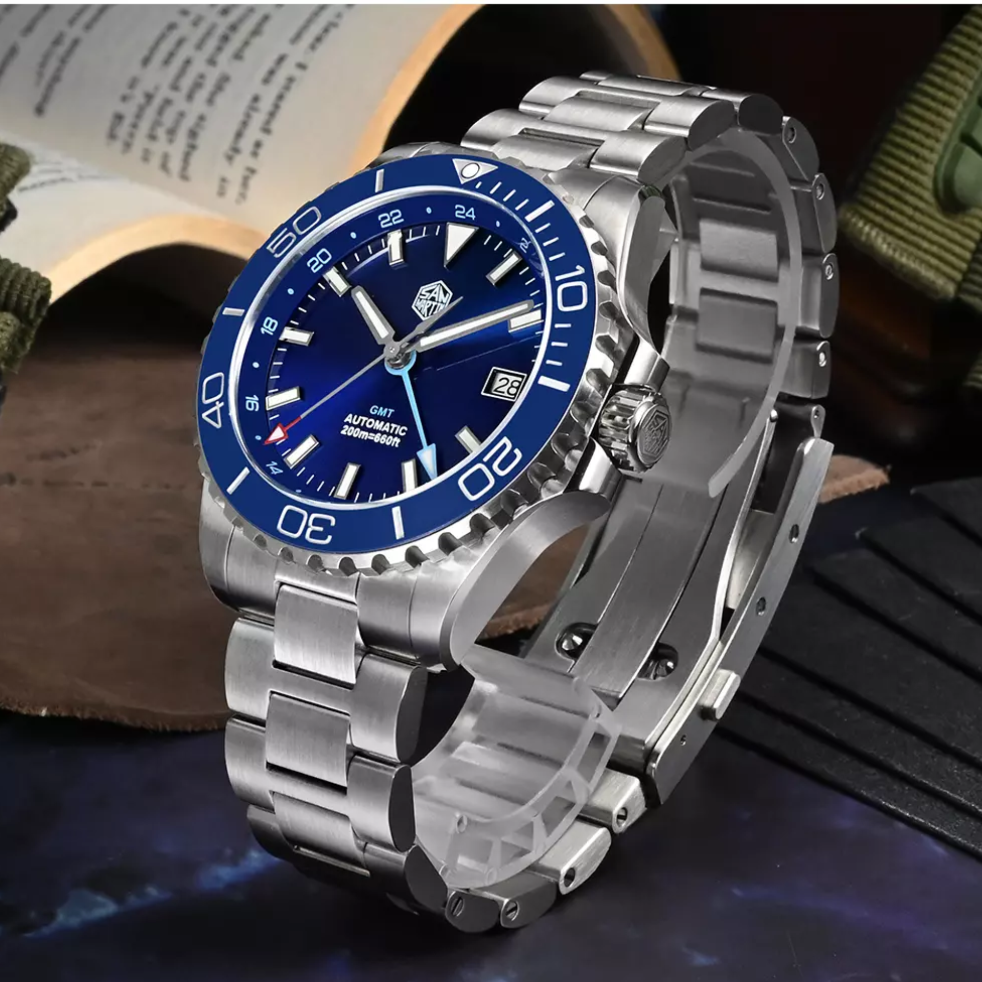 San Martin New San Martin New 39mm Diver GMT Watch Enamel Dial NH34 Stainless Steel Luxury Men Watch Automatic Mechanical Sapphire Luminous SN0136-G-GMT