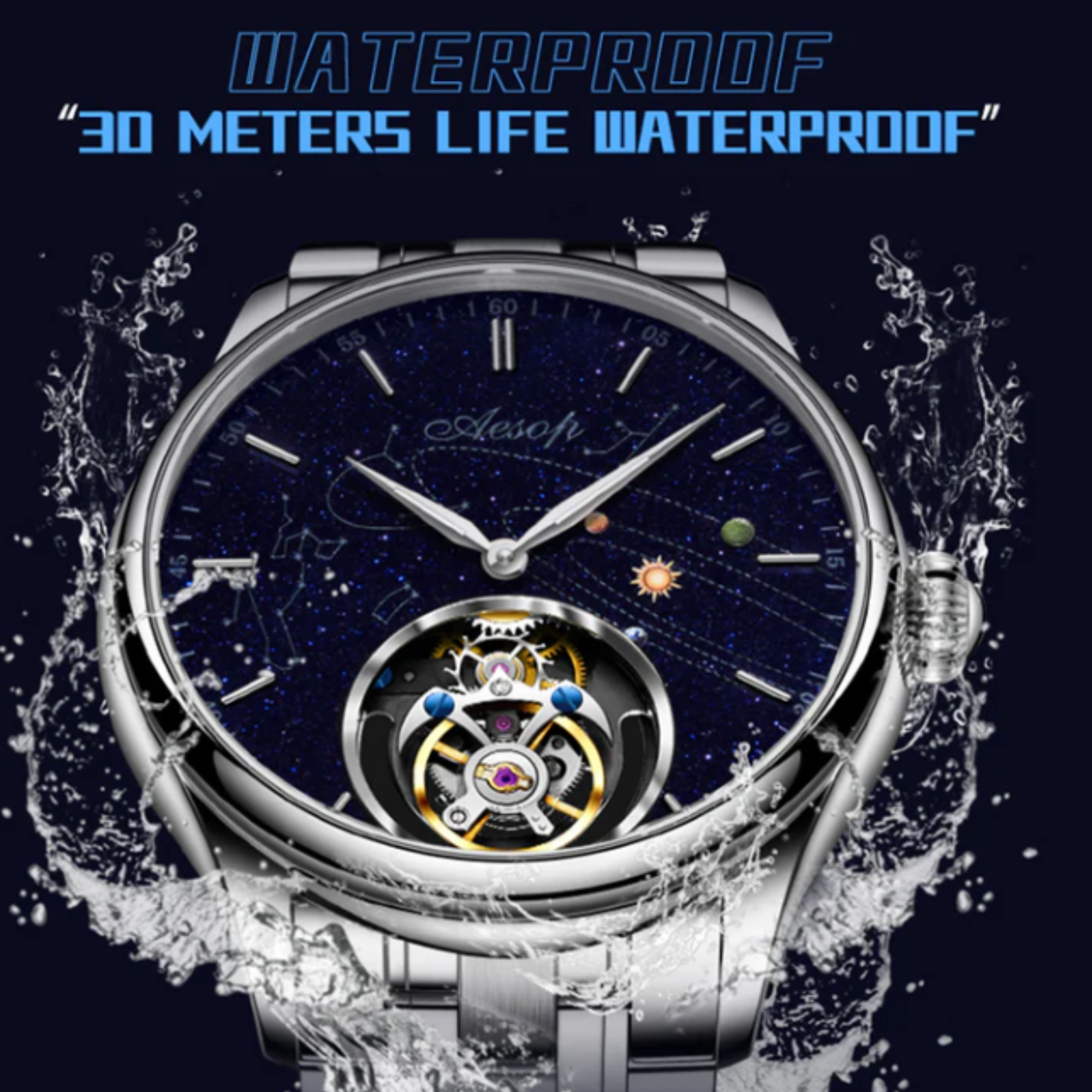 AESOP Mens Luxury Real Tourbillon Mechanical Sapphire Waterproof Watch Skeleton Watches for Men Wristwatches Male Clock 7049