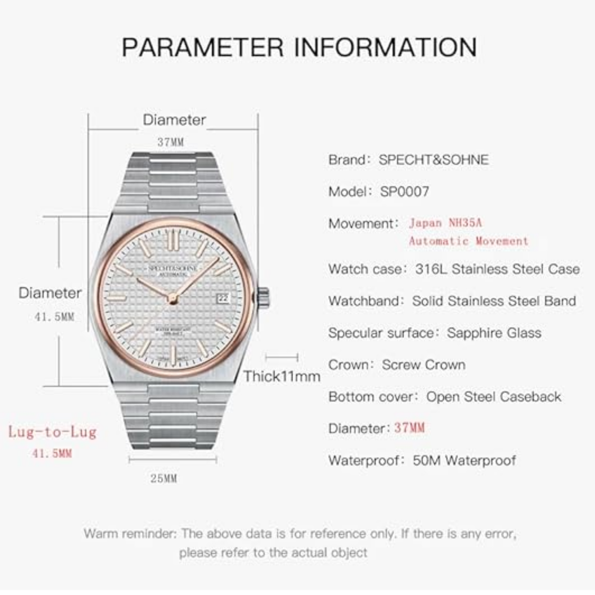 SPECHT&SOHNE  Men's Mechanical Wristwatch NH35 Automatic Watches Sapphire Crystal 37MM Stainless Steel Waterproof